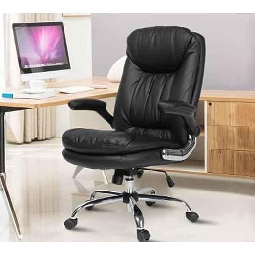 Image of Roar-Wood Ergonomic High Back Premium Leatherette Office Executive Boss Chair with Padded Armrests, Cushion Seat, Tilt Lock | Metal Base | Chair for Work Home Study Desk - Black
