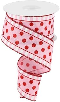 Glitter Stripes & Dots Wired Edge Ribbon - 2.5" x 10 Yards Light Pink, Red, White
