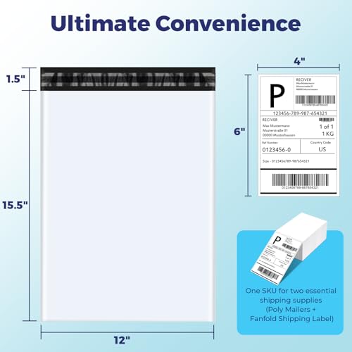 Fuxury 100 Pcs 12x15.5\" Poly Mailers Sets with 4x6\" Thermal Labels, Waterproof Mailing Envelopes & Stickers for Clothing, Strong Adhesive Poly Shipping Postage Bags for Business (White)