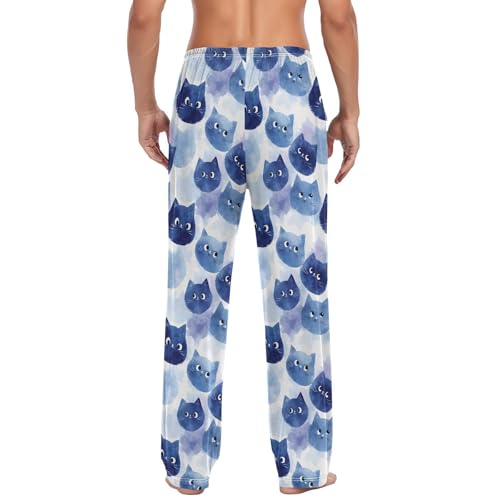 Men's Pajama Pants Cute Blue Cat Print Lounge Pants with Pocket Drawstring S2