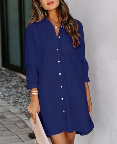 Image of Aoudery Womens Button Down Shirt Dresses with Pockets Cotton Button Up Tunics Long Sleeve Solid High Low Blouse Tops