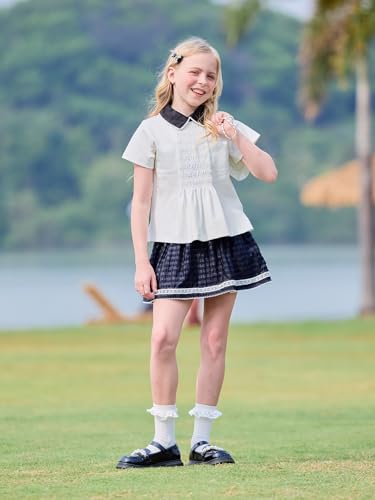 Girls White Polo Shirt with Black Peter Pan Collar and Lace Trim,Uniform Style for 6–16Y4