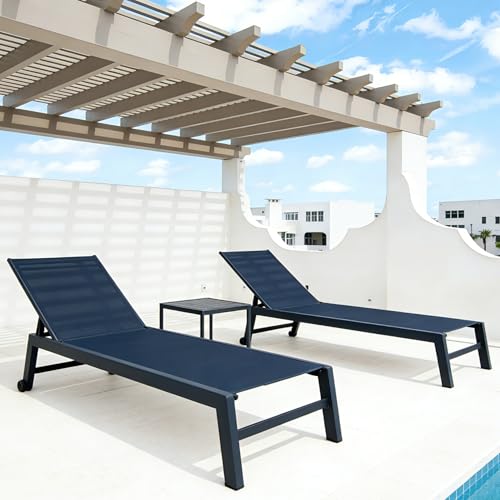 Image of PURPLE LEAF Patio Lounge Chairs Set of 2 with Wheels, Adjustable, Navy Blue | Rolling Wheels for Move, Quick-dry Breathable Textilene, Rustproof Aluminum Frame, UV-Blocked, Easy-Clean, Non-Slip Feet