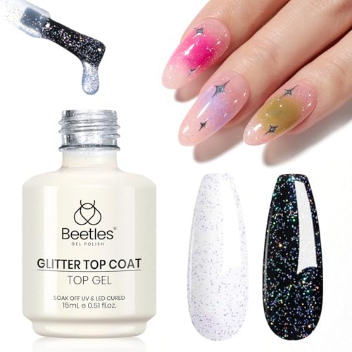 Beetles Glitter Top Coat Gel Nail Polish 1 Pcs Winter Silver Glitter Gel Top Coat Shiny Reflective No Wipe U V Nail Decoration Nail Art Sparkle Manicure Gifts for Women