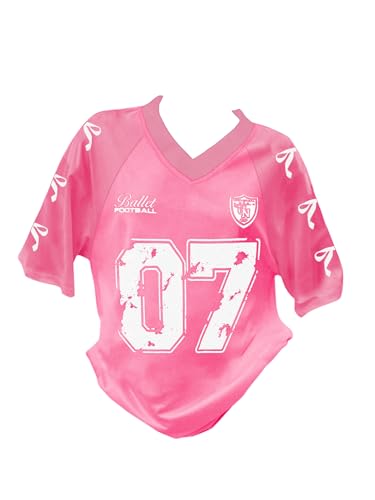 Image of RoseSeek Girl's Jersey Y2K Oversized Graphic Number Print Tops V Neck Short Sleeve T Shirt Hip Pop Tee Streetwear