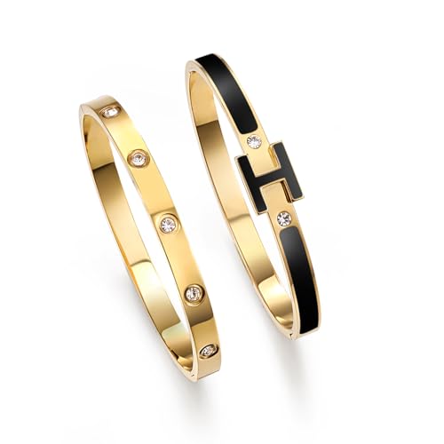14K Gold Plated Love and H Bangle Bracelet Stackable Stainless Steel Bracelets Set for Women Trendy Jewelry