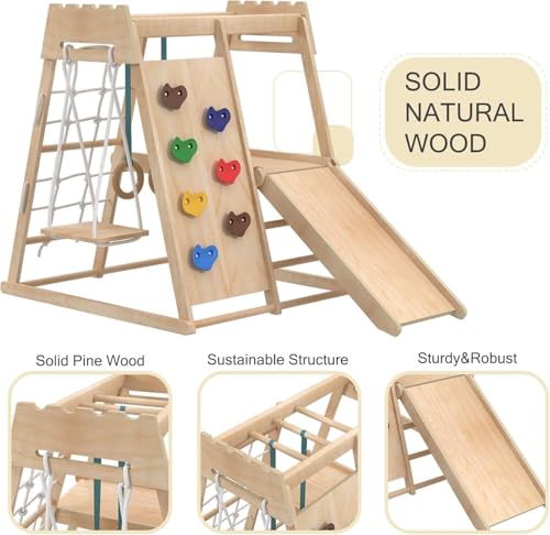 Image of 8-in-1 Indoor Playground, Indoor Jungle Gym for Toddlers, Kids Climbing Toys Indoor, Wooden Montessori Climber Playset with Swing, Slide, Monkey Bar, Wood Ladder, Climbing Net,Gymnastic Rings