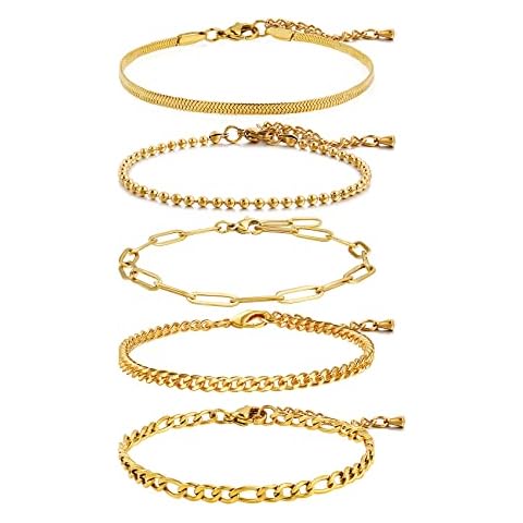 CONRAN KREMIX Gold Chain Bracelet Set for Women 18K Gold Plated Non-Tarnish Chain Dainty Link Paperclip Bracelets Stake Stainless Steel Layered Link Bracelet Cover
