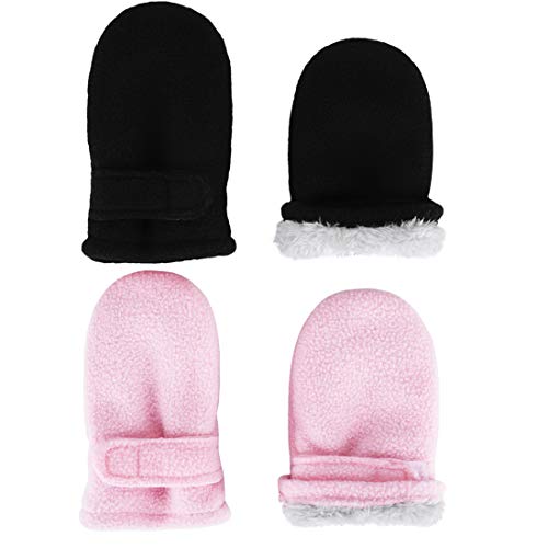 Baby Toddler Winter Warm Mittens Little Kids Sherpa Fleece Lined Gloves for Baby Girls Boys 2 Pairs (6-18 Months, Black & Pink)