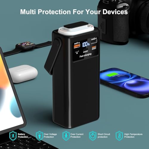 Image of Power Bank 52800mAh PD 35W High Capacity Battery Pack with Built-in 4 Cables & LED Flashlight - 8 Port Portable Charger for Travel, Outdoor, and Multiple Device Charging (Black, Milliamp Hours, 52800)