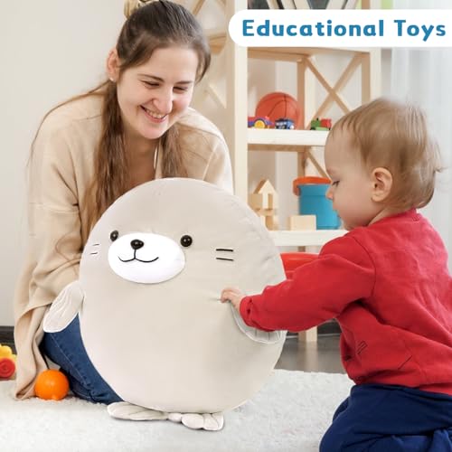 Image of MaoGoLan 5Pcs Fat Seal Plush with 4 Babies Inside - 20 inch Giant Ultra Soft Seal Stuffed Animal Throw Pillow - Squishy Mother-Babies Collection Gift for Seal Lover,Kids,Boys, Gray