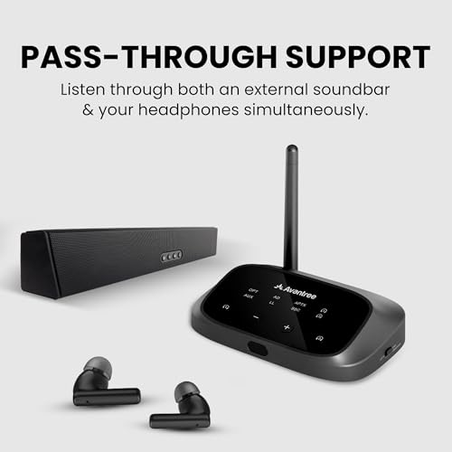 Avantree Oasis Plus 2 - Bluetooth Transmitter for TV with Remote Volume Control & Avantree TWS116 - Open-Ear Wireless Headphones with Surroundings Awareness & Charging Dock