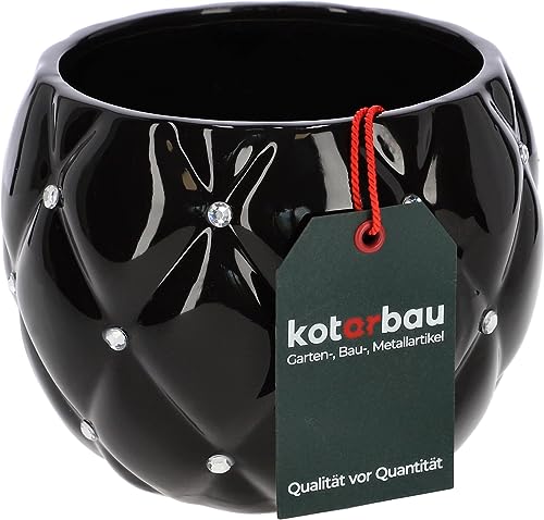 KOTARBAU® Glamour - Vaso da fiori in ceramica, diametro 15 cm, con zirconi, rotondo, colore nero, per piante da interno, vaso da giardino