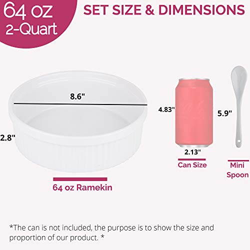 Souffle Dish Ramekins for Baking – 64 Oz, 2 Quart Large Ceramic Oven Safe Round Fluted Bowl with Mini Condiment Spoon for Soufflé Pot Pie Casserole Pasta Roasted Vegetables Baked Desserts (White)