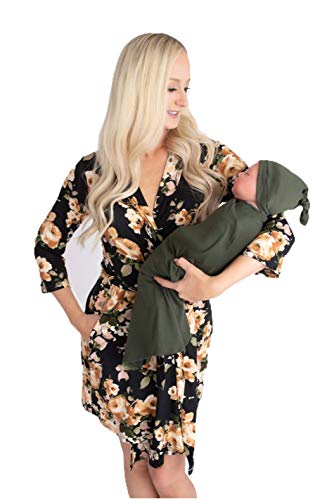 Image of DOUBLE THE SPRINKLES Maternity Robe & Swaddle Set, Maddison & Green Swaddle Set, Mom & Baby Matching Outfits, Hospital Gown, Blanket & Hat, Sage Green Maternity Dresses For Baby Shower Large