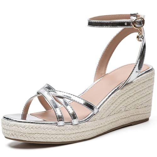 Image of Dressy Open Toe Sandals Platform Wedge Sandals with Cushioned Insole and Ankle Strap Buckle,Strappy Espadrille Wedge Sandals for Women Comfortable Summer