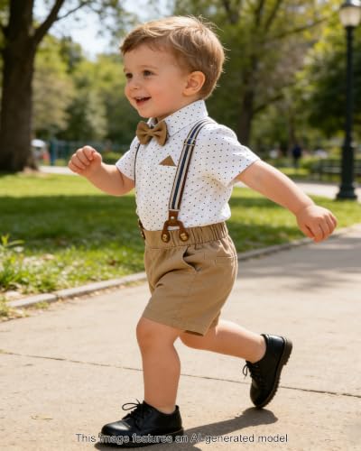 Image of SANGTREE Baby Boy Suit Wedding Ring Bearer Outfits Vest Short Sleeve Bowtie Shirt Suspender Summer Gentleman Shorts Sets