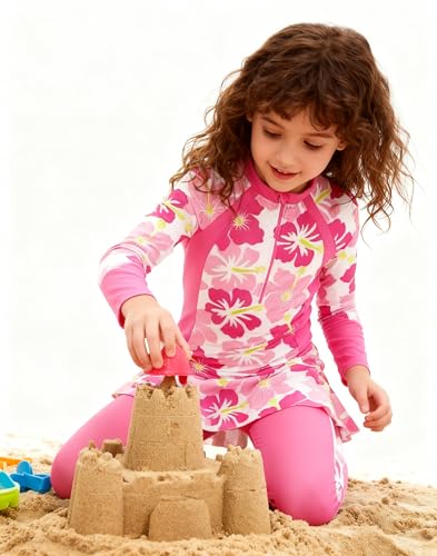 Image of Girls Long Sleeve Rashguard Half Zip Swimsuits UPF 50+ Two Piece Swim Sets with Hairband 5-12Y | Two Piece Swim Sets with Hairband