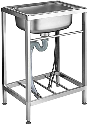 304ステンレスキッチン水槽独立式シングルボウル商業仕切り、調節可能な支柱付き蛇口下水管 (52x38x80cm,A)