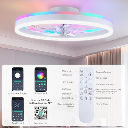 Image of 20 inch RGB Ceiling Fans with Lights and Remote /APP, Dimmable 3000-6500K LED Low Profile Ceiling Fan with Light, Modern Fandelier Flush Mount Ceiling Fan Light for Living Room, Bedroom and Kitchen