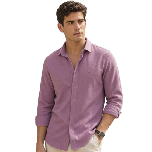 Image of Nobero Textured Popcorn Shirt for Men | Cotton Shirts for Men in 280 GSM Popcorn Knit | Stand Collar | Regular Fit | Full Sleeve
