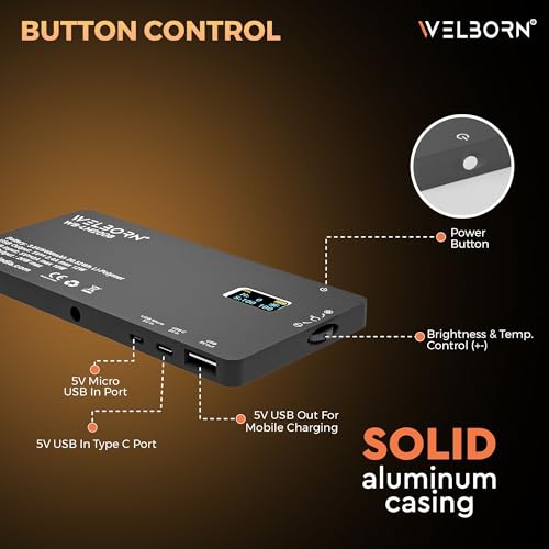 Image of WELBORN (LM200B) 200 Led Metal Body Portable Bi-Color LED Video Light with Built-in 5400mAh Battery & OLED Screen for Photography & Videography