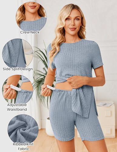 Image of Ekouaer Maternity Sets 2 Piece Outfits Ribbed Knit Short Sleeve Shirts and Biker Shorts Pregnancy Loungewear Mama Clothes