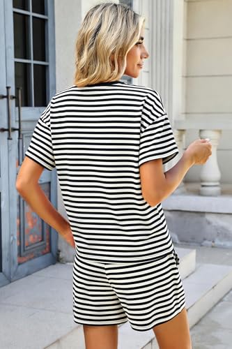 Image of QLIPIN Striped Two Piece Set for Women 2 Piece Lounge Sets Summer Outfits Stripes Shirt and Shorts Set