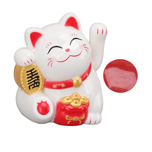 Tomotato Waving Arm Lucky Cat, Solar Powered Fortune Cat Statue White Auto Beckoning Welcome Cat with Double Sided Sticker Wealth Cat for Home, Office, Front Desk, Car, Business Openings Decorations