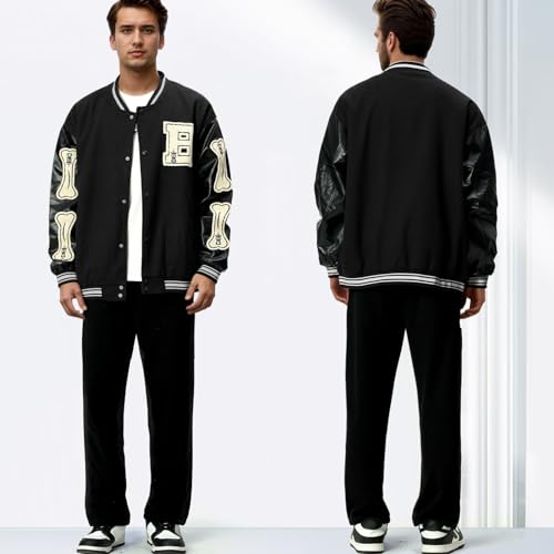 Image of Mens Varsity Jacket Baseball Bomber Jacket Vintage Unisex Streetwear Coats with Patchwork Hipster Utility Tops
