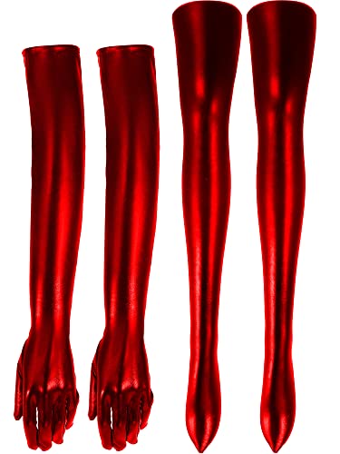 SATINIOR Womens Carnival Halloween Costume Elastic Spandex Shiny Wet Long Gloves and Thigh High Stockings (Red)