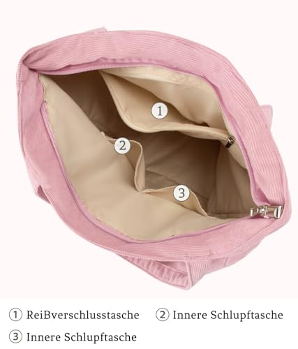 GASSDA Handtasche Damen Groß Shopper Tasche Damen Cord Tasche Tote Bag mit Reißverschluss für Arbeit Einkaufen Fitness Reisen (A-Blassrosa)
