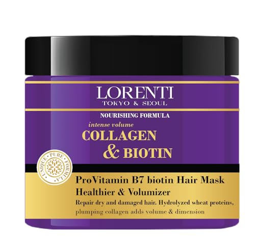 LORENTI TOKYO & SEOUL Mascarilla para el cabello, 500 ml, colágeno y biotina, para cabello seco, dañado, denso y encrespado | Contiene vitamina B7 y proteínas para hidratar el cabello