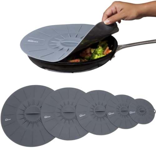 Image of Microwave Cover Silicone Lids - Set of 5: 6, 8, 10, 12 and 13.8 inches - Suction Covers for Pots, Pans, Bowls, Cups, Skillets - Splatter Protection - Easy Food Storage - BPA Free