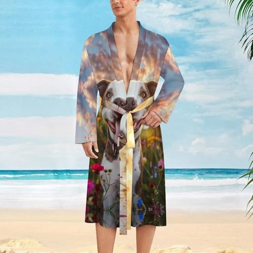 Pit-bull Dog Flowers Funny Men's Robe Soft Lightweight Bathrobe Long-sleeve Spa Robes2