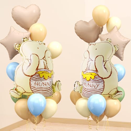 Classic Winnie Bear Baby Shower Birthday Decorations Balloons, 3D Vintage Original Pooh Bear Helium Balloons with Heart Star for Boys Girls Baby Shower Birthday Gender Reveal Large 23Inch