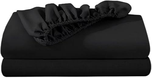 Miniatura 6 de Paquete de 2 sábanas bajeras negras tamaño individual, cama en una bolsa, microfibra súper suave, resistente a las arrugas y a la decoloración,