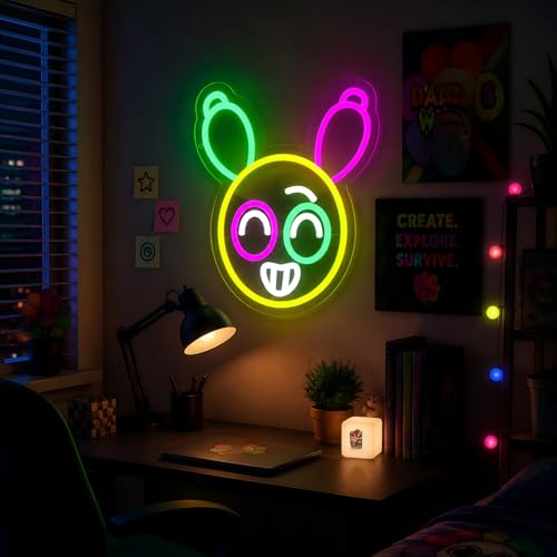 Image of Dandy Balloon Animal Neon Sign Balloon Cartoon Neon Sign for Wall Decor, Retro Toon Horror Game Fan Gifts, Funny Bunny Mascot Night Light for Kids Teens Gaming Room Setup