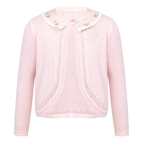 Toddler Kids Flower Girls Long Sleeve Wedding Shrug Knitwear One Button Lace Trim Bolero Cardigan
