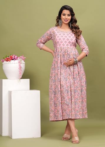 Image of Women's Feeding Kurta Cotton | Floral Anarkali Pregnancy Kurta with Nursing Zipper | Pre & Post Partum | Maternity Dresses | Mom to Be Gift
