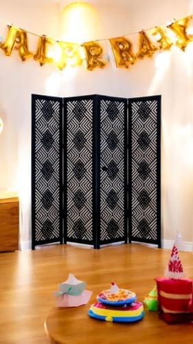 Image of Wooden Room Divider 6 Feet, 4-Panel Folding Wooden Partition for Living Room, Office, Pooja Room, Restaurant, Kitchen & Balcony (2W x 1.82H Meters). (Black-Lattice Pattern)