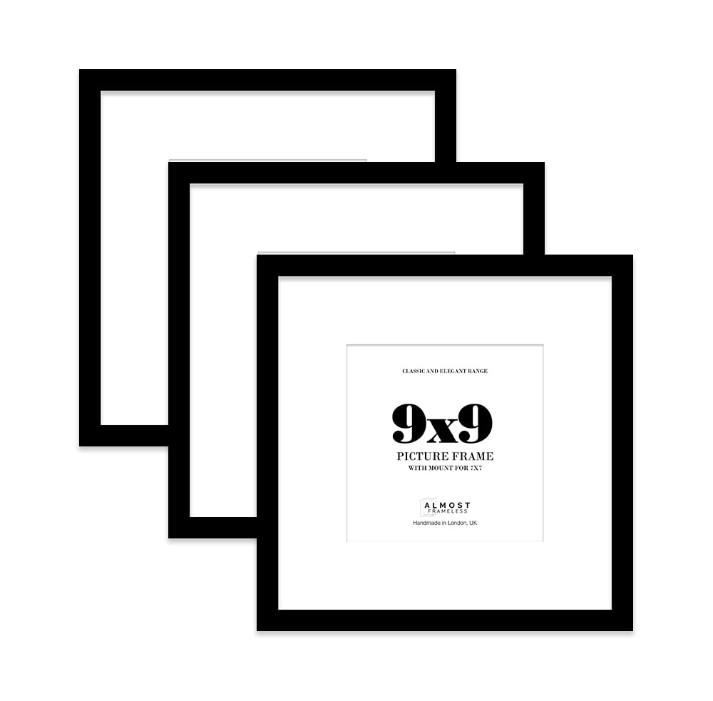 9x9 Black Picture Frame with Mount for 7x7 Photos, Prints - Modern Square Wall Frame, Set of 3