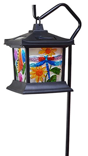 Moonrays 92276 Solar Powered Hanging Floral Stained Glass LED Lantern, 24-Inch Above Ground Height On The Shepherd’s Hook (Included) made From Metal and Plastic, Rechargeable Battery Included