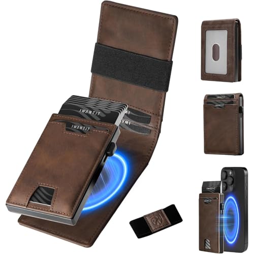 3-in-1 Magnetic Magsafe Wallet for Men Pop Up Bifold Wallet RFID Blocking Minimalist Front Pocket Card Holder Holds 6-7 Cards & Cash Ultra Slim Ideal Gift for Men (Brown)