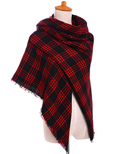 Bess Bridal Women's Plaid Blanket Winter Scarf Warm Cozy Tartan Wrap Oversized Shawl Cape (One Size, Red and Black)