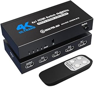 HDMI Switch 4K@60Hz, NerdEthos 4 Port HDMI 2.0 Switcher Selector 4 in 1 Out HDMI Switch with IR Remote Control, Supports 4K HDR10 HDCP 2.2 3D Dolby DST, for PS4 Xbox Fire Stick PC and More