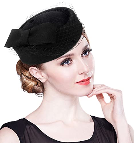 Z&X Winter Wool Fascinator British Pillbox Hat Women Wedding Church Derby Beret Hat Veil Bow Fedoras Black by Z&X - Image 4