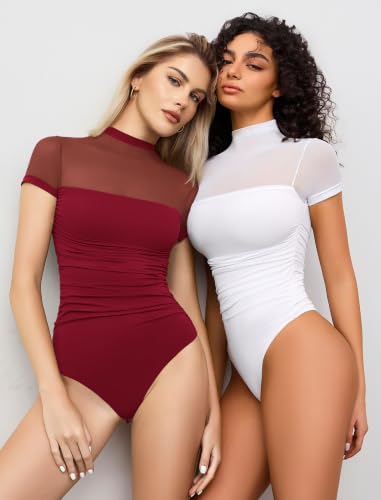 Image of Avidlove Women's Short Sleeve Bodysuit Turtle Neck Body Suits Mesh One Piece Leotard Going Out Tops Date Outfits