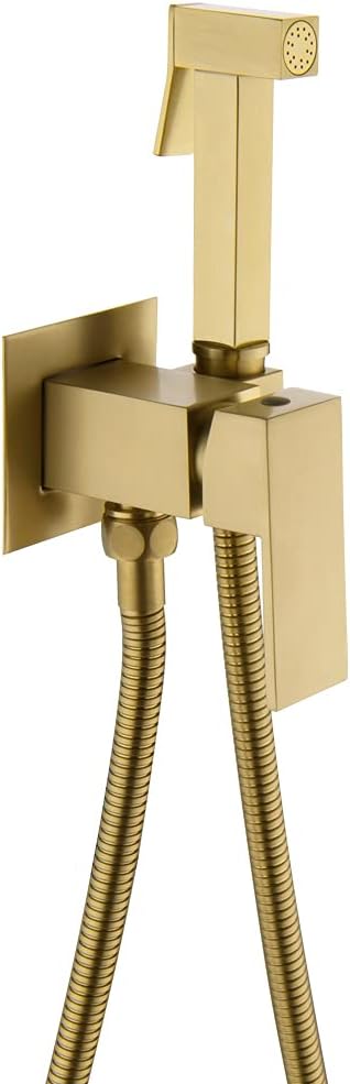 Handheld Bidet Toilet Sprayer Brushed Gold, Wall Mount Bathroom Square Sprayer Attachment Kit for Toilet Wash, Baby Diaper Cloth Cleaning