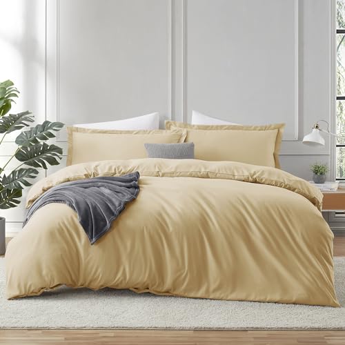 Image of Hearth & Harbor Camel Gold Duvet Cover with Fitted Sheet Queen Size | 4 Piece Soft Double Brushed Bedding Set, Button Closure, 1 Duvet Cover 90x90 Inches, 1 Fitted Sheet, 2 Pillow Shams